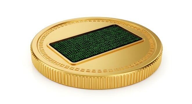 Close-up of gold coin with green inlay