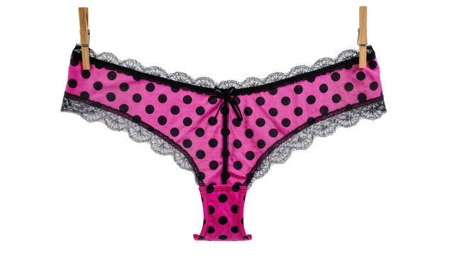 Pink polka dot thong with black lace trim and bow
