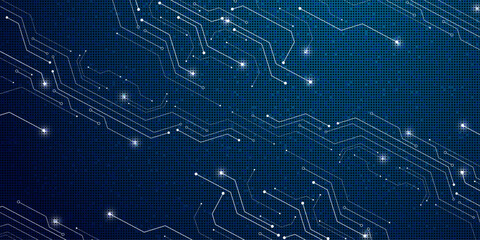 Glowing circuits pulse across a deep blue digital grid. Neon lines trace futuristic pathways with electric spark effects. Abstract tech design evokes innovation and digital connectivity © Nahin