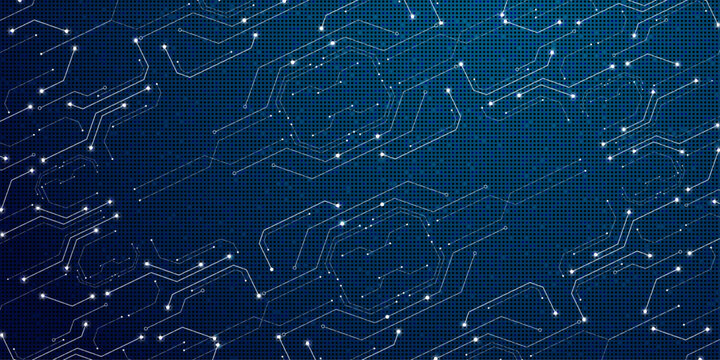 Futuristic electronic circuit board pattern with diagonal lines and luminous points on blue dotted background.