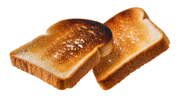 Two slices of toasted bread with burnt edges