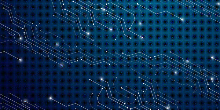 Glowing circuits pulse across a deep blue digital grid. Neon lines trace futuristic pathways with electric spark effects. Abstract tech design evokes innovation and digital connectivity