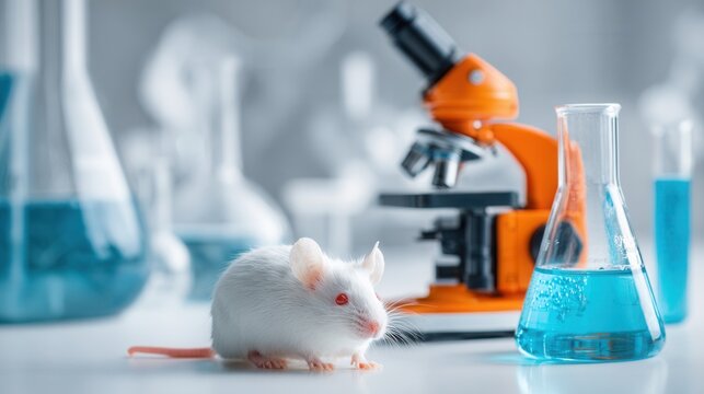 a close up, eye level shot of a white lab mouse on a white surface, positioned in the lower left quadrant of the frame. to its right, a conical flask containing a light blue liquid is visible