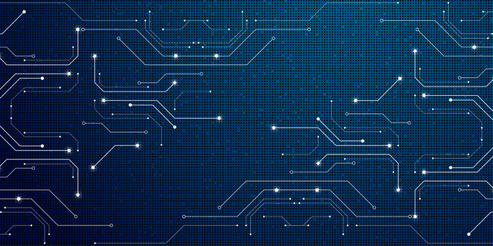 Geometric circuit board pattern with blue dots and connecting lines on dark background representing data transmission.