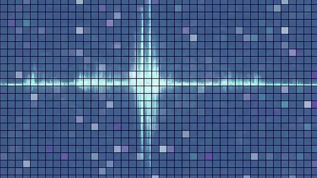 A glowing digital sound wave pulses behind a grid of blue square tiles