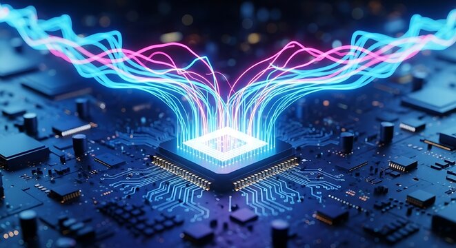 Detailed macro view of a computer chip with glowing, interconnected data streams