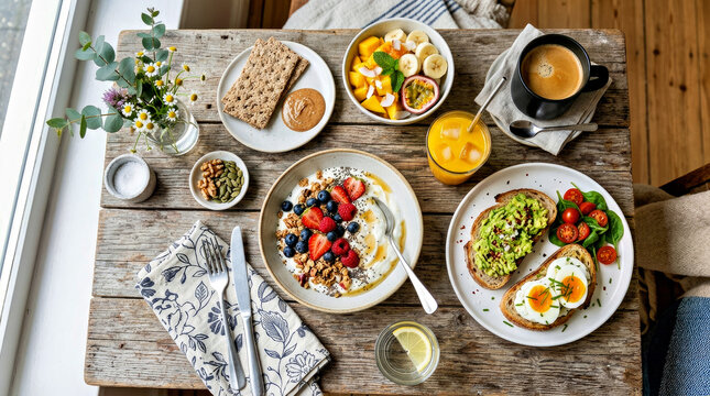 Top view of a delicious breakfast table setting