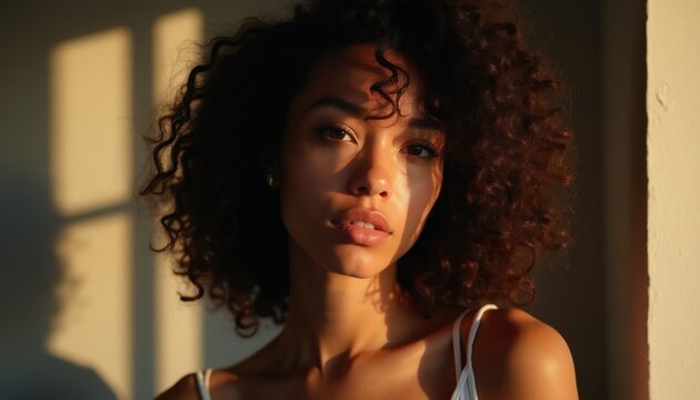 Woman with curly hair bathed in warm golden hour light. Sunlight casts shadows creating dramatic contrast. Peaceful expression. Natural beauty. Soft focus.