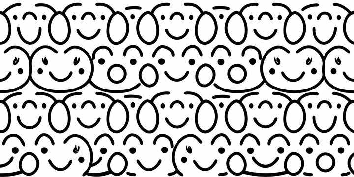 hand drawn smiley faces seamless pattern black white repeating design background illustration