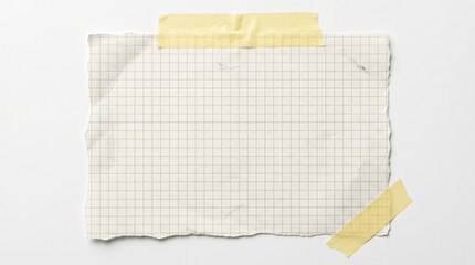 Realistic torn graph paper with yellow adhesive masking tape on white background. Ripped squared paper texture for school, office, and design mockup. © Itx Musa