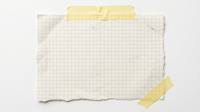 Realistic torn graph paper with yellow adhesive masking tape on white background. Ripped squared paper texture for school, office, and design mockup.