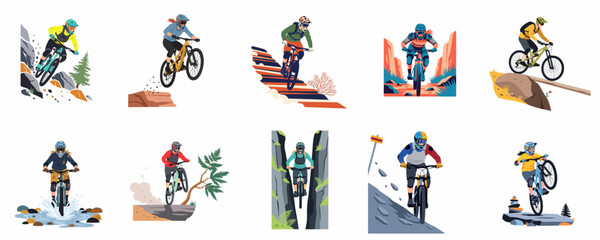 Set of flat vector illustrations depicting mountain bikers navigating various terrains including rocky slopes, forest trails, water crossings, and desert landscapes. © Loro