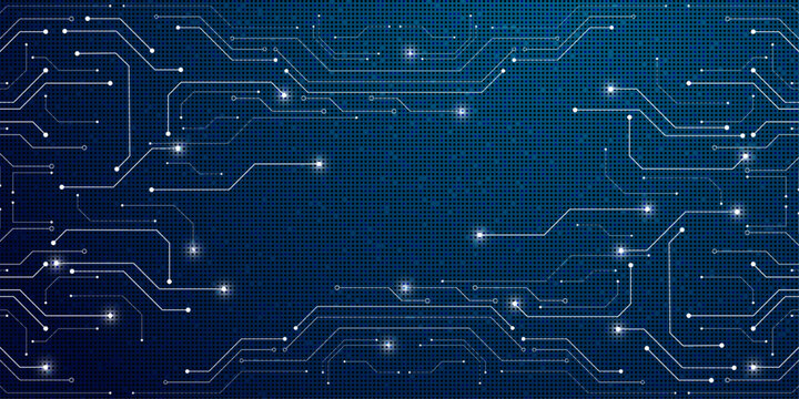 Abstract electronic integrated circuit pattern on dark blue digital mesh background for cyber security design.