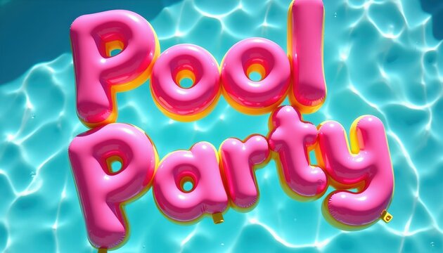 Pink inflatable letters spell Pool Party floating on bright blue water. Summer fun and celebration symbol. Perfect for event invites. Pool splash.