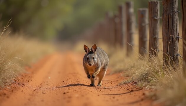 Marsupial bilby walks on dirt road near rustic wooden fence posts in dry outback landscape. This Australian native animal moves cautiously on arid ground.