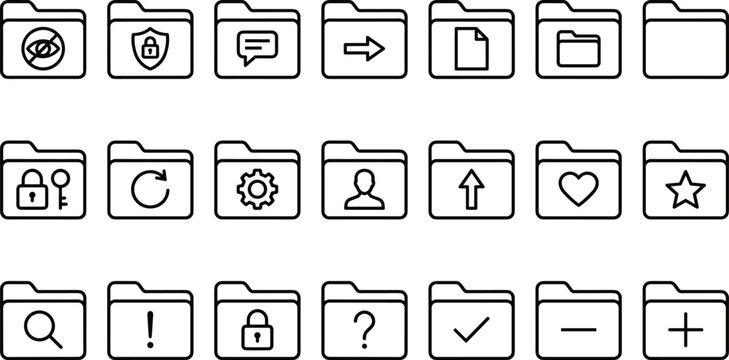 Outline folder icon vector set with security, settings, search, upload, favorite, user and file management symbols for modern UI, UX, web and app interfaces