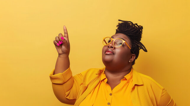 Stylish curvy woman gesturing upward with copyspace on vibrant yellow studio background
