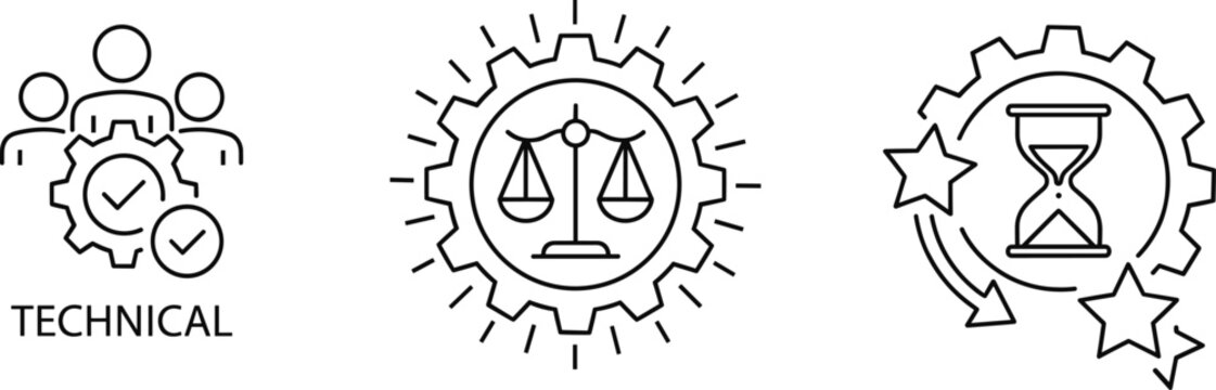 Outline icons set showing technical support team with gears and check marks, balance scale symbol, and hourglass process cycle in clean black and white vector style