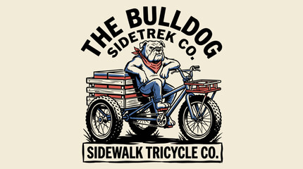 Obraz premium Bulldog sidewalk tricycle vintage print design for t shirt. Retro cargo bike company. Animal rider graphic artwork. Nostalgic design.
