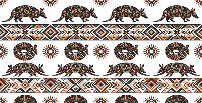 Tribal Armadillo Pattern Vector Collection with Ethnic Geometric Borders Folk Animal Motifs and Decorative Indigenous Ornament Designs for Textile and Cultural Art