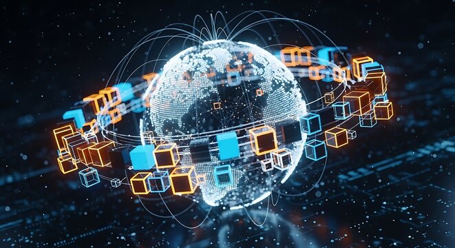 Digital globe surrounded by glowing cubes and network lines, set against a dark, techy background