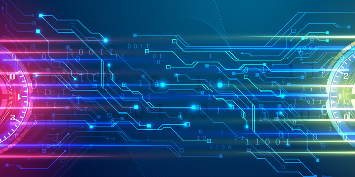 Abstract technological background with circuit board lines, binary code and glowing neon lights.