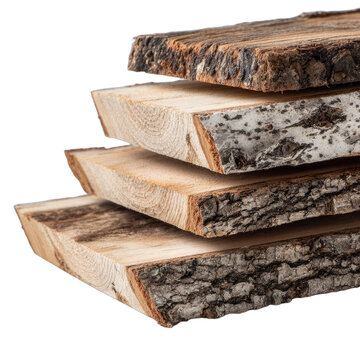 Stacked natural wood planks with rough bark edges and visible grain