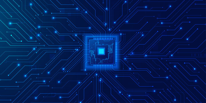 Central computer processor chip surrounded by glowing blue circuits on a dark background.