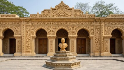 Fototapeta premium Ornate traditional stone building with central statue in courtyard.