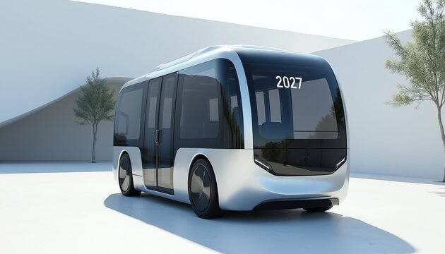 Modern autonomous electric shuttle bus with sleek design drives on clean city street. Futuristic public transport vehicle represents sustainable urban future, smart mobility. Innovation concept for