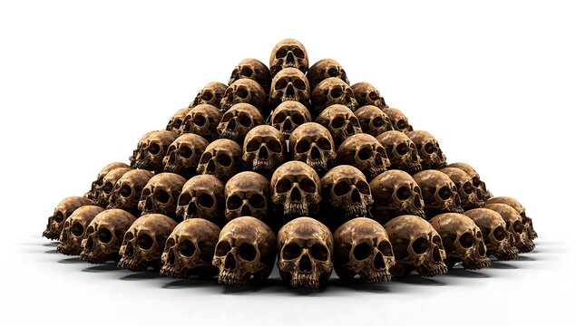 Pyramid of aged human skulls isolated on white background
