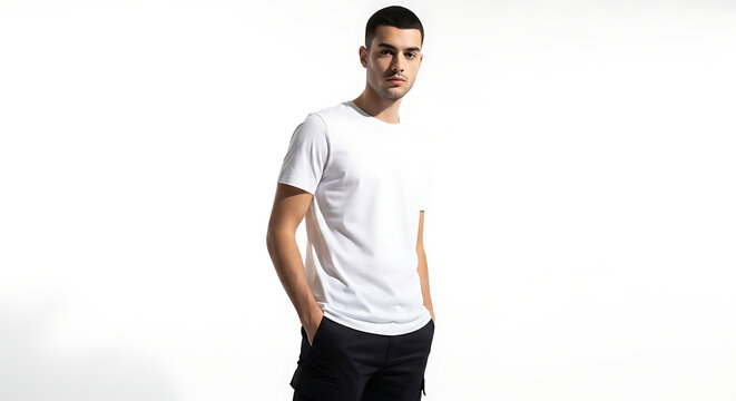 Man standing with hands in pockets wearing a premium white t-shirt and black pants isolated on a white background, casual male apparel mockup for retail.