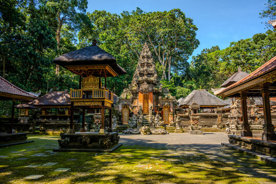 Traditional stone architecture of the Pura Dalem Agung Padangtegal temple in Ubud