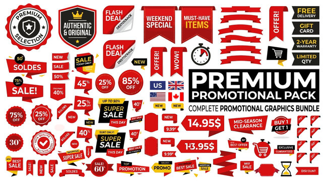 Comprehensive collection of vector marketing elements including promotional labels, sale tags, discount badges, and special offer banners for diverse advertising campaigns and e-commerce platforms