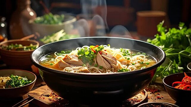A steaming bowl of hot noodle soup served in a dark ceramic dish on a wooden table