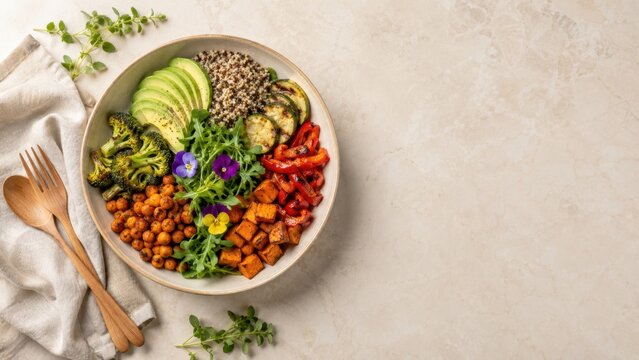 Colorful vegan grain bowl with avocado roasted vegetables and copy space