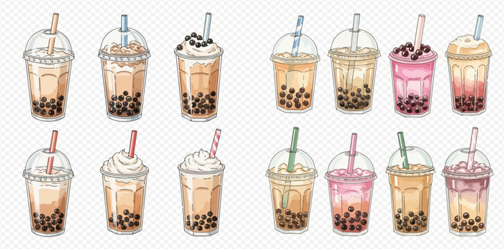 Collection of various bubble tea drinks with tapioca pearls and straws, in different flavors and colors, on a transparent background.