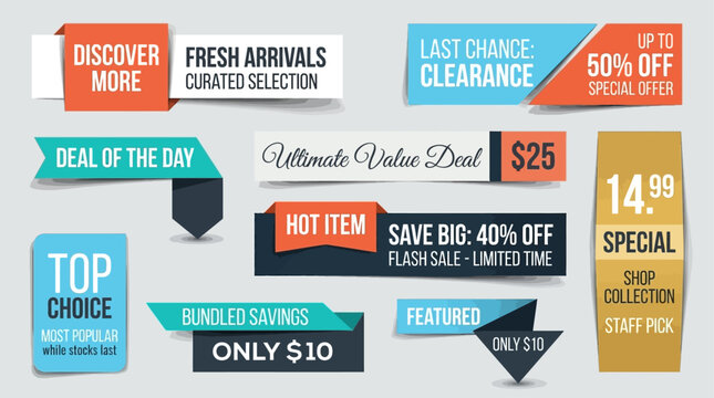 A vibrant collection of modern vector banners, labels, and tags designed for e-commerce promotions, retail sales, and special offer advertising campaigns
