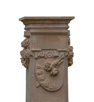 Elements of architectural decorations of buildings, columns and tops, gypsum molding, wall texture and stucco patterns. On the streets in Barcelona, public places.