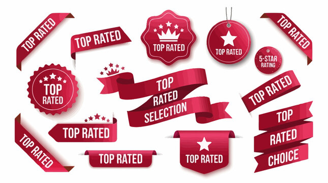 Collection of red ribbon banners and badges indicating top ratings and selections for product and service excellence