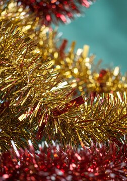 Close-up of shiny gold and red Christmas tinsel garland, festive decoration