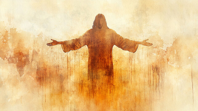 Jesus Christ figure with open arms in ethereal light, watercolor painting