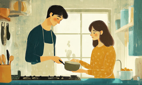 Couple cooking together in a cozy kitchen, warm atmosphere, domestic bliss