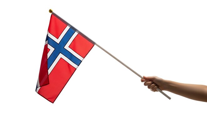 Hand Holding Norwegian Flag on White Background