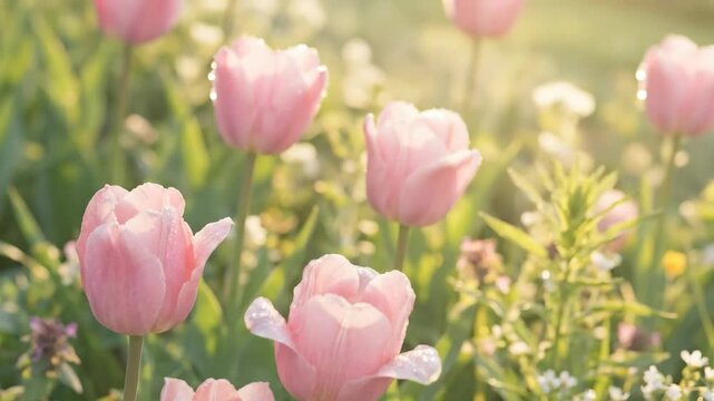 Beautiful pink tulips in a spring garden close up, gentle floral nature banner with purity, harmony and peaceful seasonal beauty, fresh blossoms in soft sunshine, elegant botanical design background,