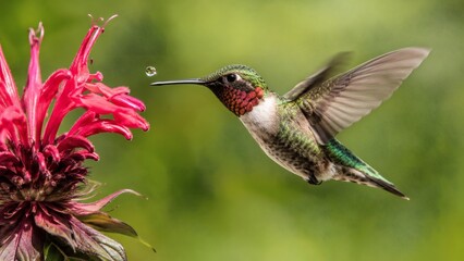 Obraz premium Ruby throated hummingbird hovering near a bright pink flower with a tiny water droplet on its beak. Soft green background. Suitable for botany blogs and wildlife prints.