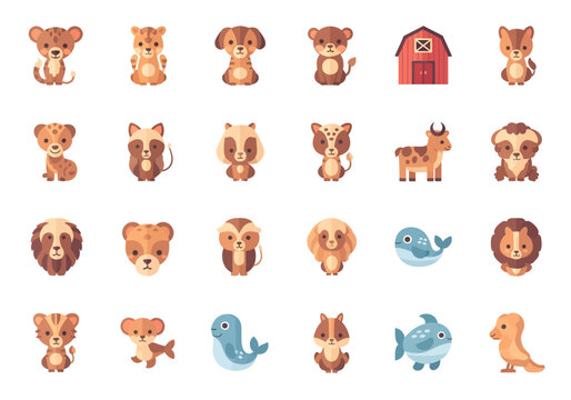 Cute cartoon jungle and farm animal characters including lion, monkey, giraffe, seal, whale, and barn for kids education and design