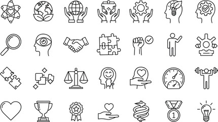 Personal development icon set illustration, motivation leadership mindset symbols, success growth psychology concepts, achievement values ideas, self improvement strategy, outline flat vector © allustra