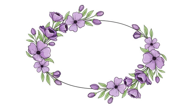 Purple flower wreath with green leaves.