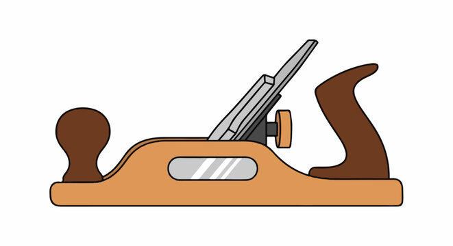 A wood plane with brown handles and a silver blade, set on a white background